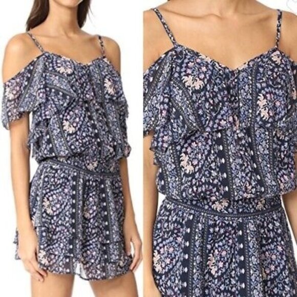 Paige Silk Olympia Mini Dress Cold Shoulder M New Smock Tiered Floral 6909 Blue - Picture 1 of 16